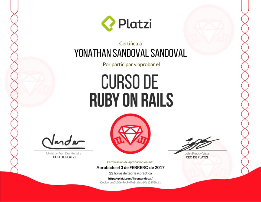 Diploma del Curso de Ruby on Rails 2017