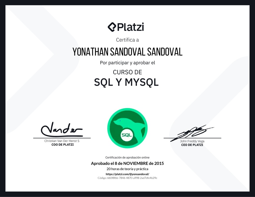Diploma del Curso de SQL y MySQL 2016