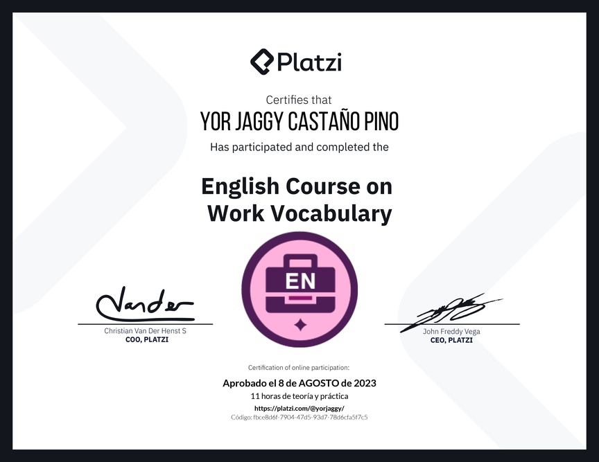 Diploma del Curso de Vocabulario en Inglés para el Trabajo