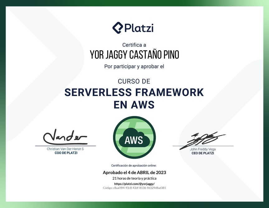 Diploma del Curso de Serverless Framework en AWS