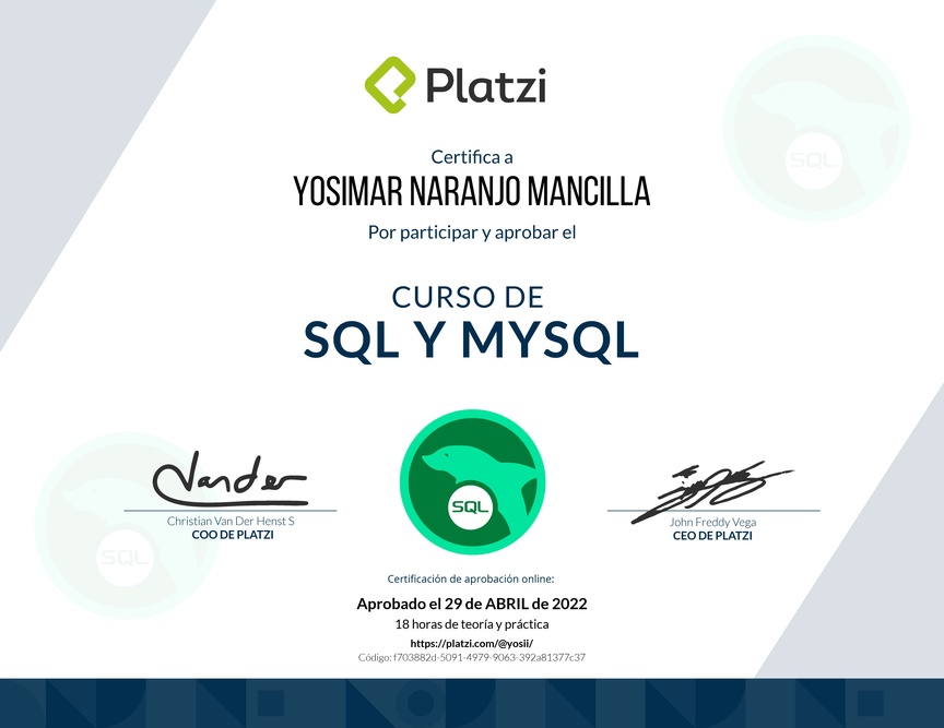 Diploma del Curso de SQL y MySQL 2018