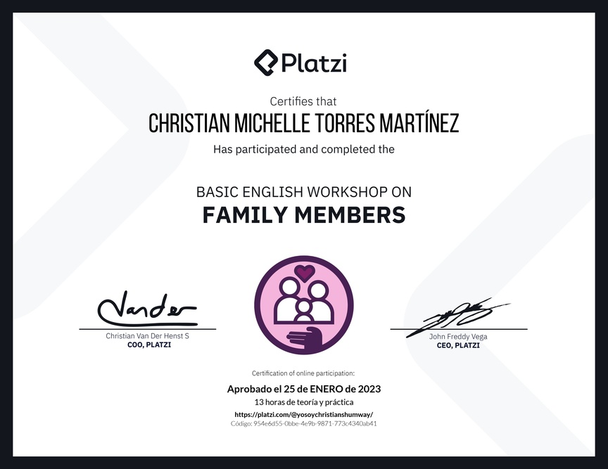 Diploma del Curso de Inglés Práctico sobre los Miembros de la Familia