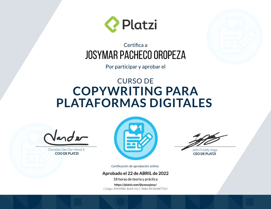 Diploma del Curso de Copywriting para Plataformas Digitales
