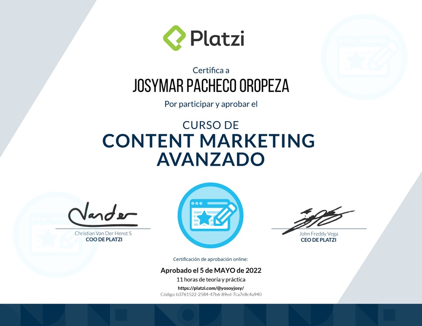 Diploma del Curso de Desarrollo de Estrategias de Content Marketing