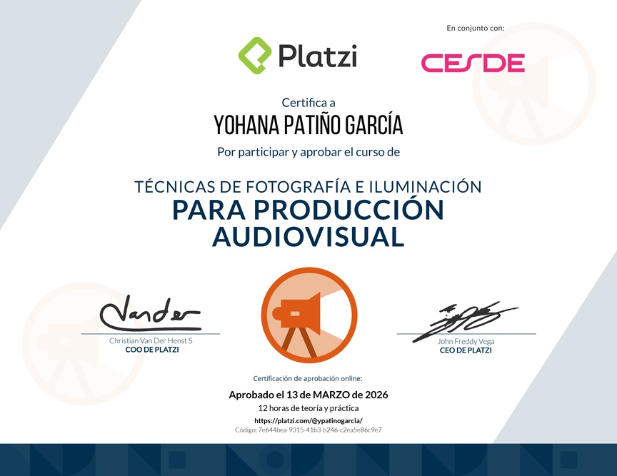 Diploma del Curso de Iluminación y Fotografía para Producciones Audiovisuales