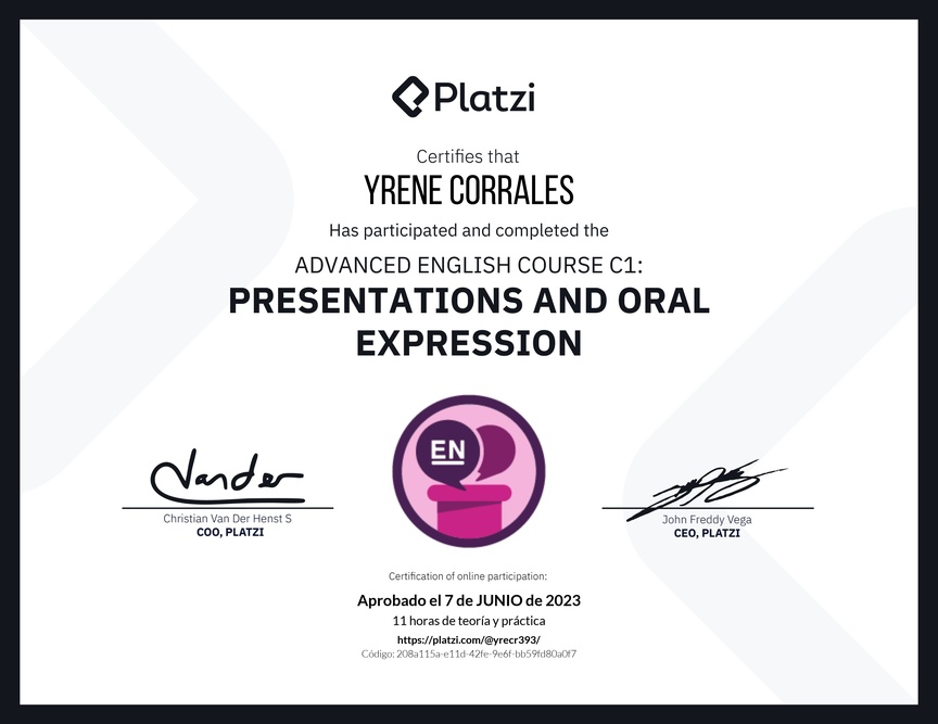 Diploma del Curso de Inglés Avanzado C1: Presentaciones y Expresión Oral