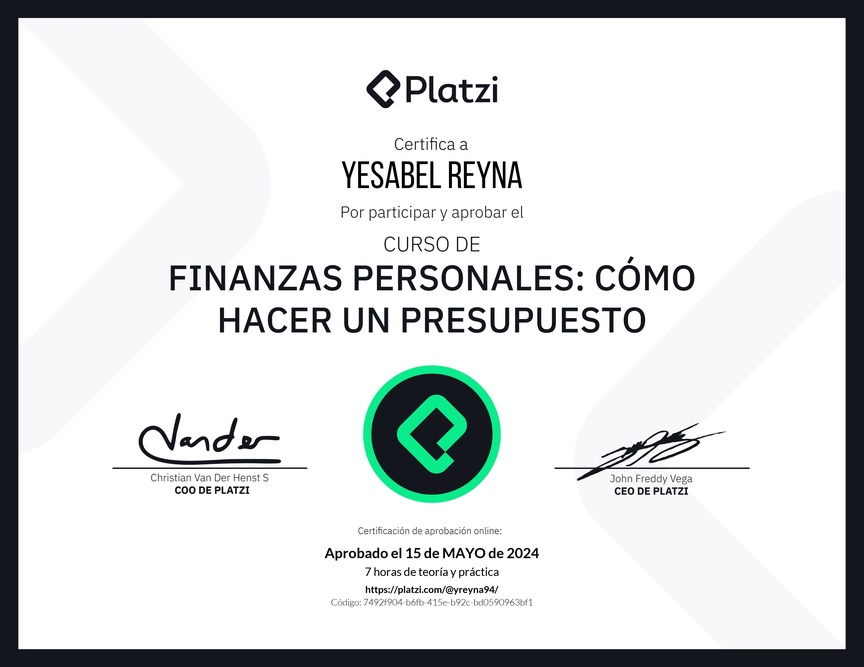 Diploma del Curso de Finanzas Personales: Cómo hacer un Presupuesto