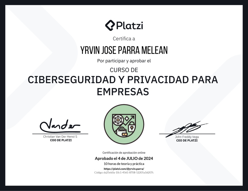 Diploma del Curso de Ciberseguridad y Privacidad Empresarial (2023)