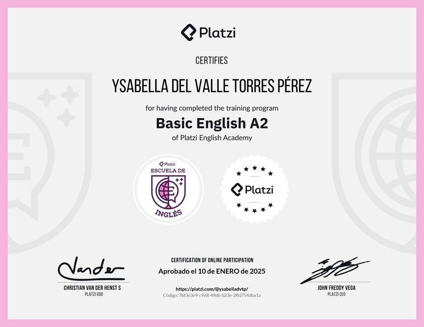 Diploma de la Ruta de Aprendizaje de Inglés Básico A2