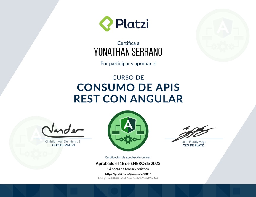 Diploma del Curso de Consumo de APIs REST con Angular