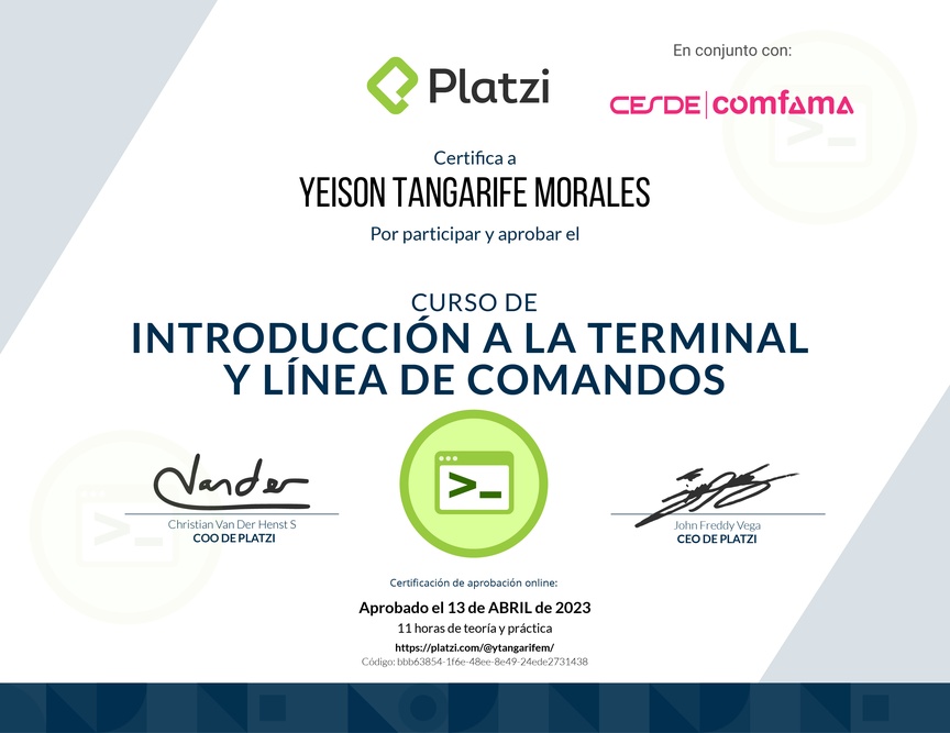 Diploma del Curso de Introducción a la Terminal y Línea de Comandos