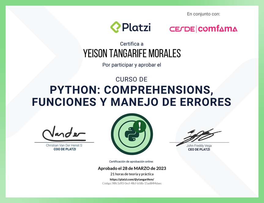 Diploma del Curso de Python: Comprehensions, Funciones y Manejo de Errores