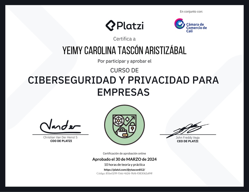 Diploma del Curso de Ciberseguridad y Privacidad Empresarial (2023)