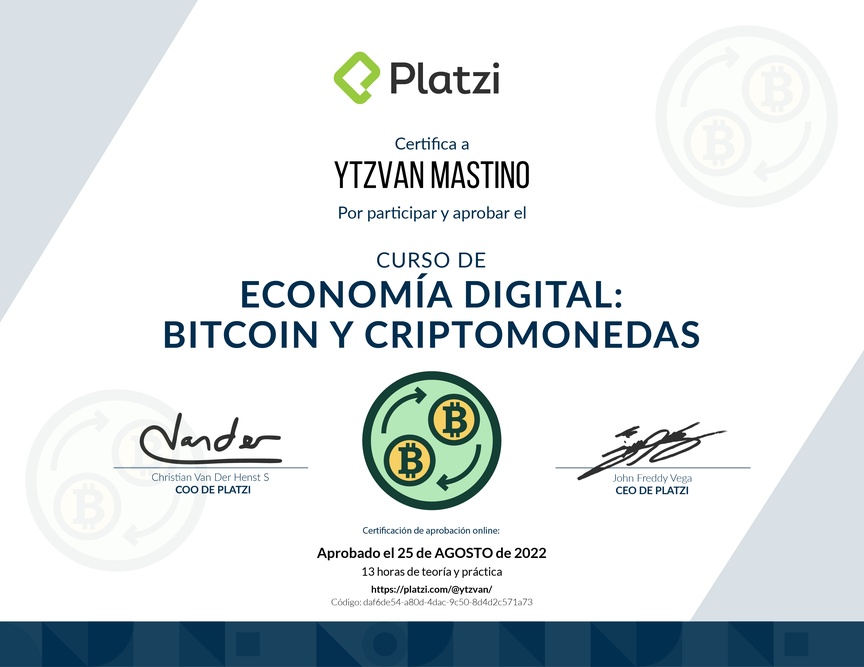 Diploma del Curso de Economía Digital: Bitcoin y Criptomonedas