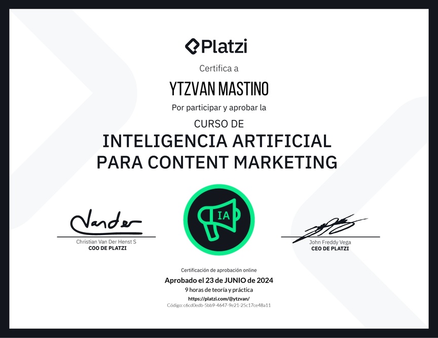 Diploma del Curso de Inteligencia Artificial para Content Marketing