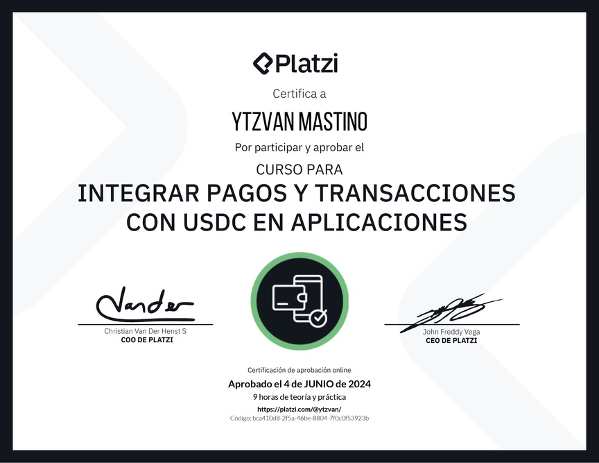 Diploma del Curso para Integrar Pagos y Transacciones con USDC en Aplicaciones