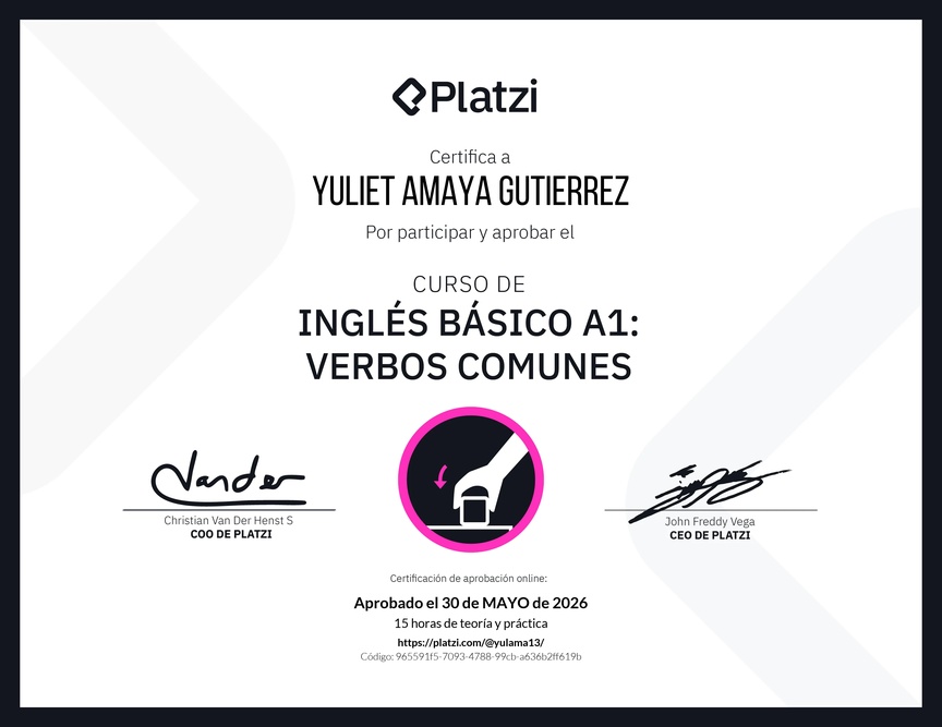 Diploma del Curso de Inglés Básico A1: Verbos Comunes