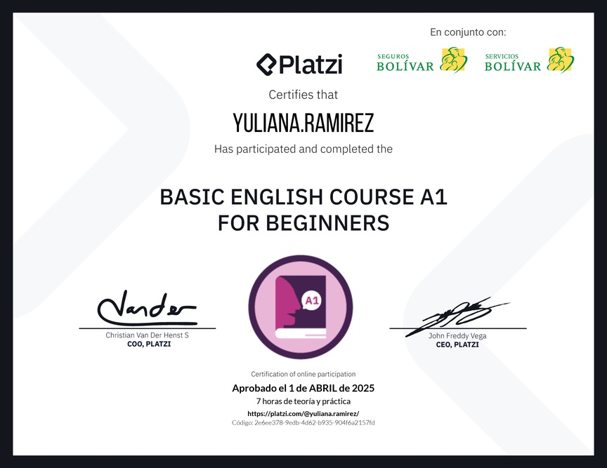 Diploma del Curso de Inglés Básico A1 para Principiantes