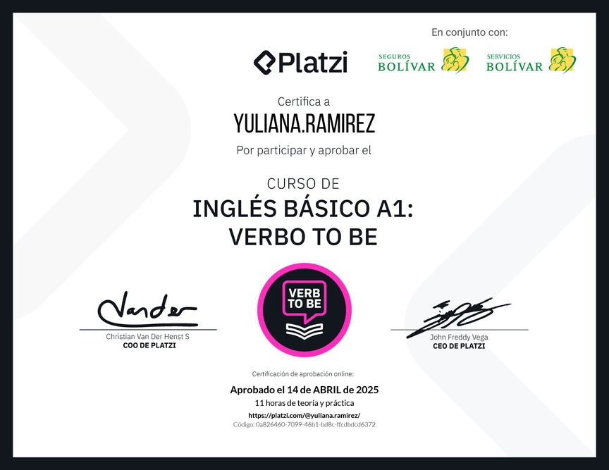 Diploma del Curso de Inglés Básico A1: Verbo To Be