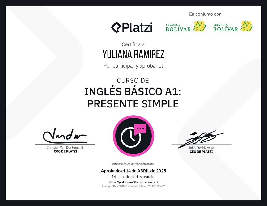 Diploma del Curso de Inglés Básico A1: Presente Simple