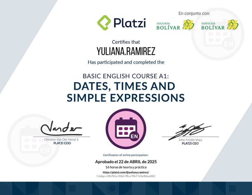 Diploma del Curso de Inglés Básico A1: Fechas, Horas y Expresiones Simples