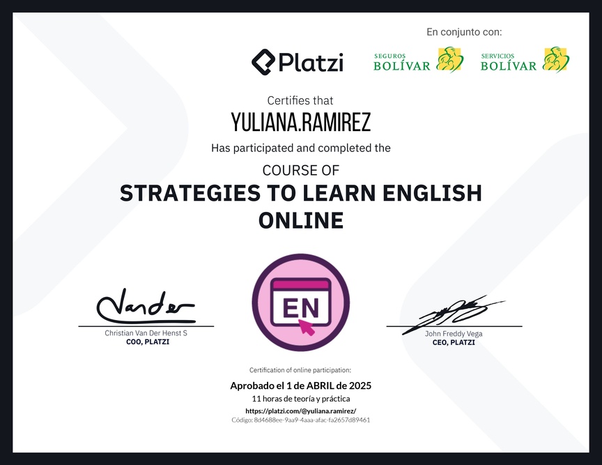 Diploma del Curso Gratis de Estrategias para Aprender Inglés en Línea