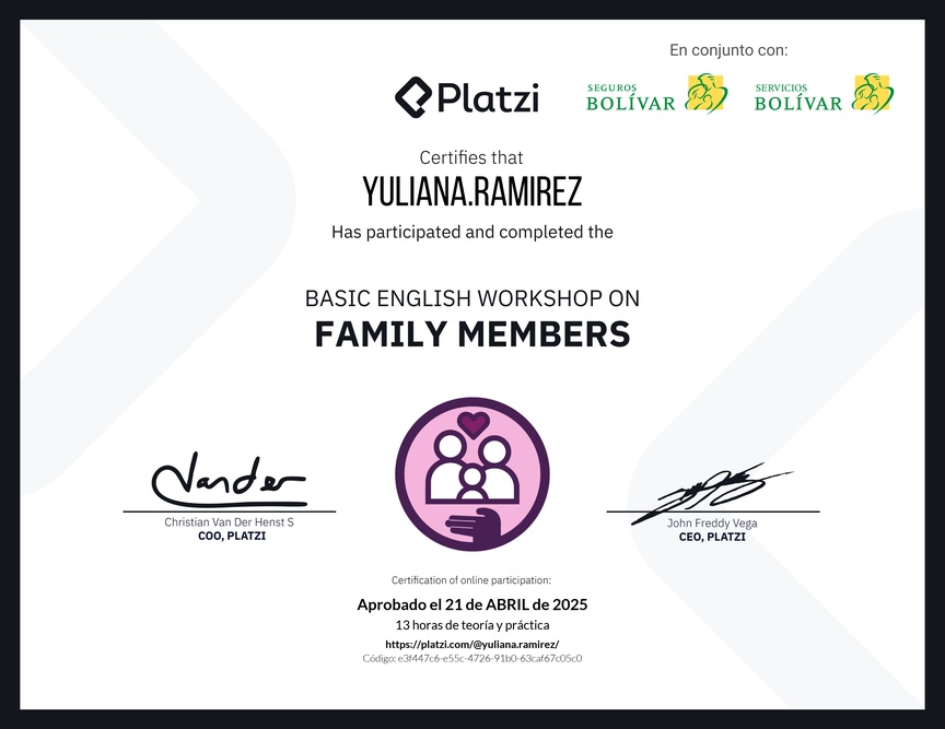 Diploma del Curso de Inglés Práctico sobre los Miembros de la Familia