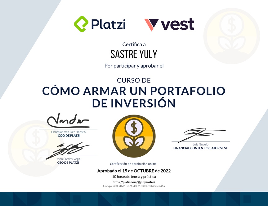 Diploma del Curso de Cómo Armar un Portafolio de Inversión con Vest