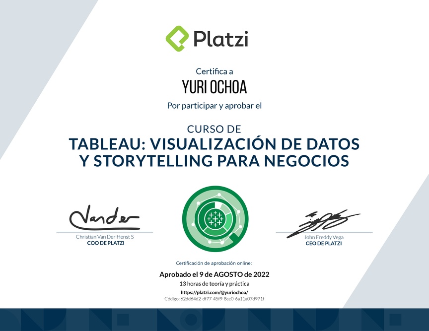 Diploma del Curso de Tableau: Visualización de Datos y Storytelling para Negocios