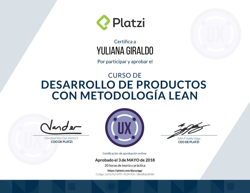Diploma del Curso de Desarrollo de Productos con Metodología Lean 2016