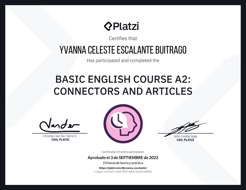 Diploma del Curso de Inglés Básico A2: Conectores y Artículos
