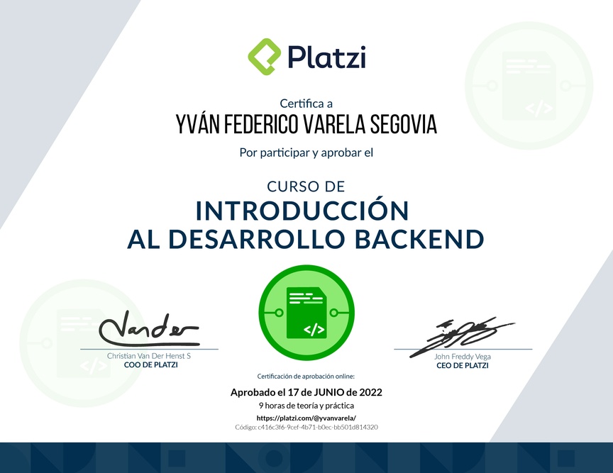 Diploma del Curso de Introducción al Desarrollo Backend