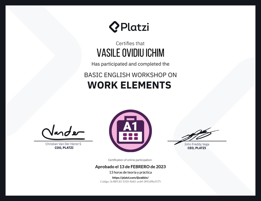 Diploma del Curso de Inglés Práctico sobre Elementos de Trabajo