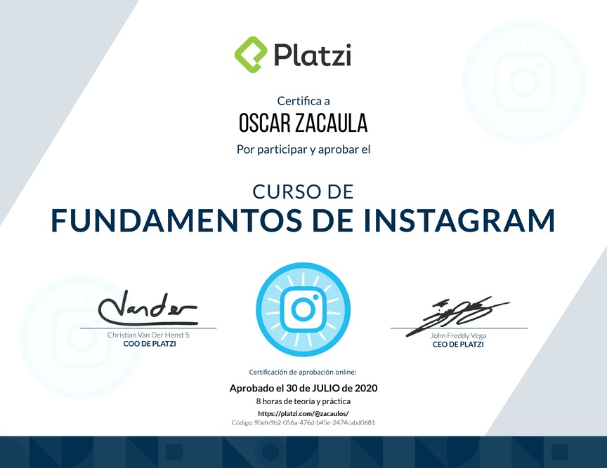 Diploma del Curso de Fundamentos de Instagram