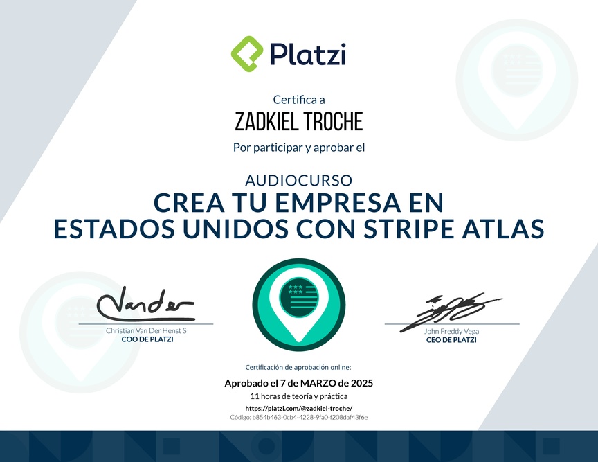 Diploma de Audiocurso de Cómo Crear tu Empresa en Estados Unidos con Stripe Atlas