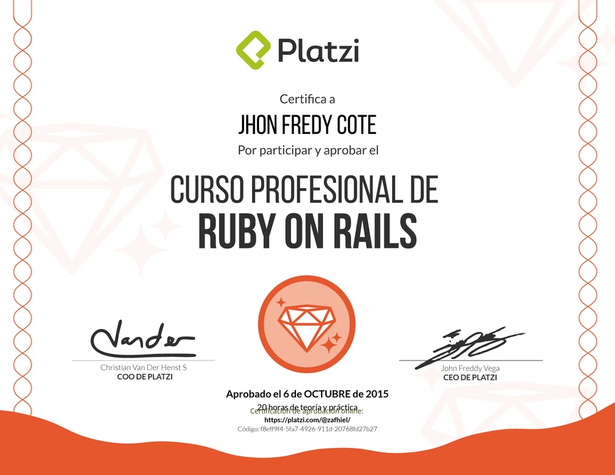 Diploma del Curso profesional de Ruby on Rails 2015