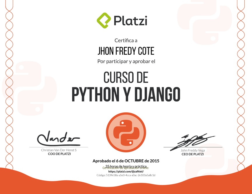 Diploma del Curso de Python y Django 2015