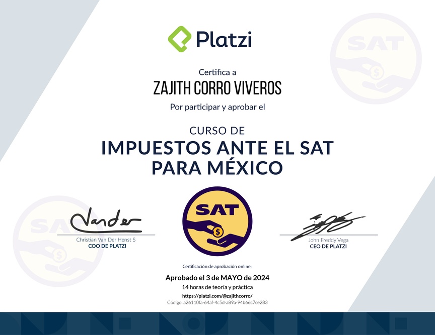 Diploma del Curso de Impuestos ante el SAT para México