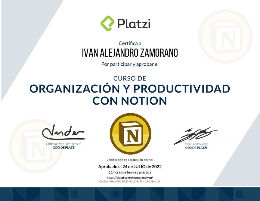 Diploma del Curso de Organización y Productividad con Notion (2021)