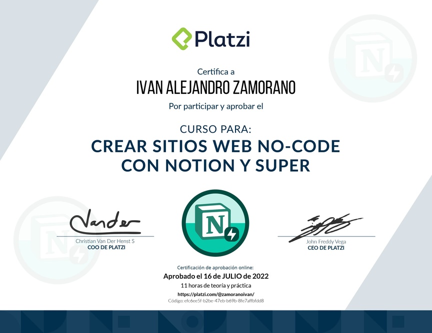 Diploma del Curso para Crear Sitios Web No-code con Notion y Super