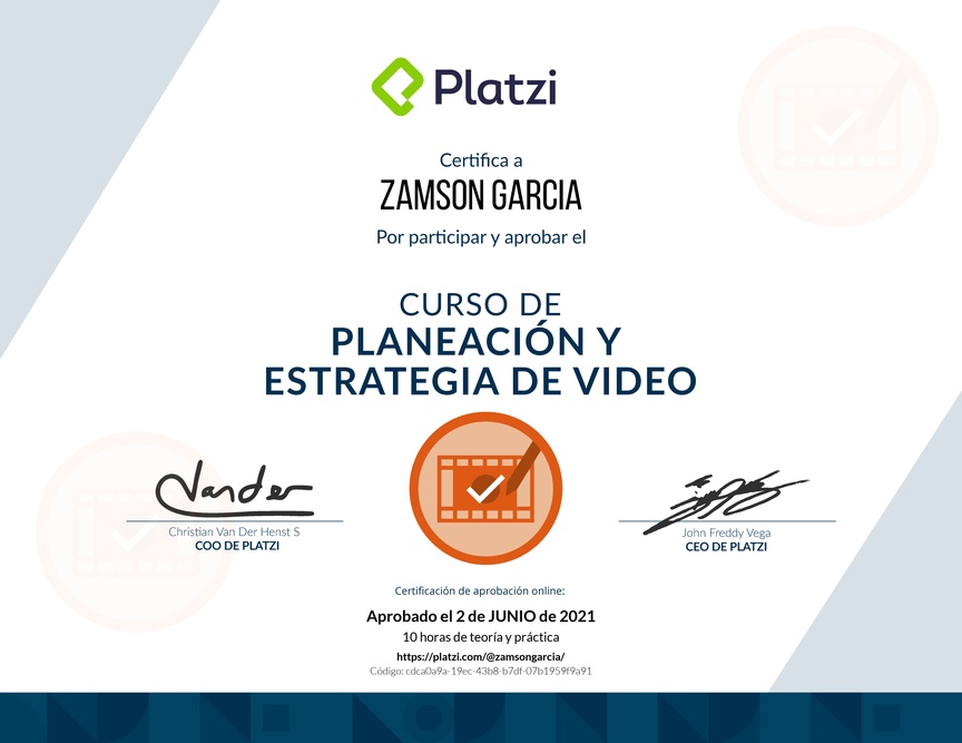 Diploma del Curso de Planeación y Estrategia de Video