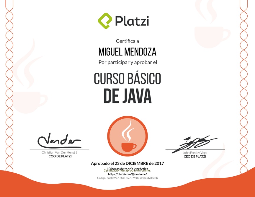 Diploma del Curso básico de Java 2015