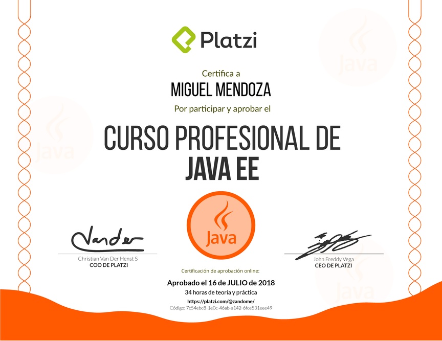 Diploma del Curso Profesional de Java EE 2017
