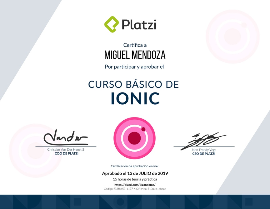 Diploma del Curso Básico de Ionic 2018