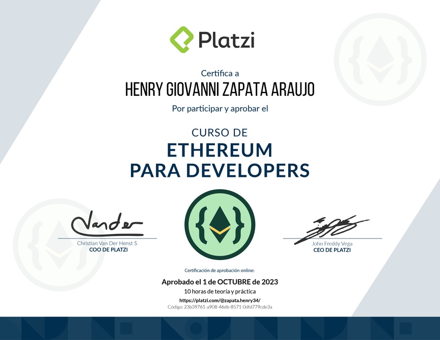 Diploma del Curso de Ethereum para Developers