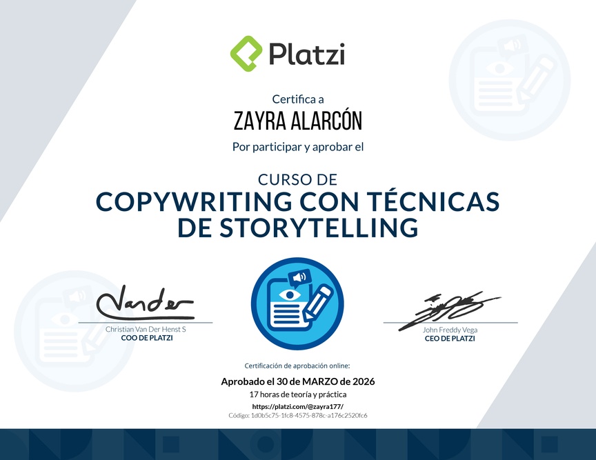 Diploma del Curso de Copywriting con Técnicas de Storytelling