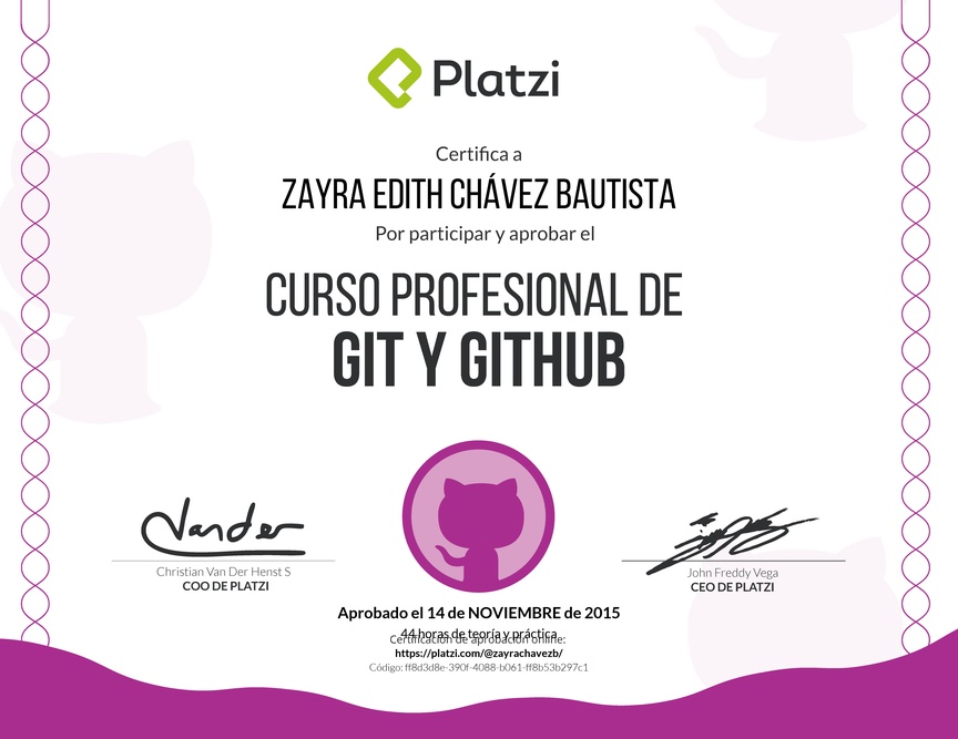 Diploma del Curso profesional de Git y GitHub 2016
