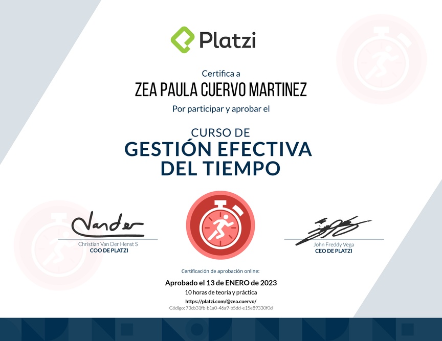 Diploma del Curso de Gestión Efectiva del Tiempo