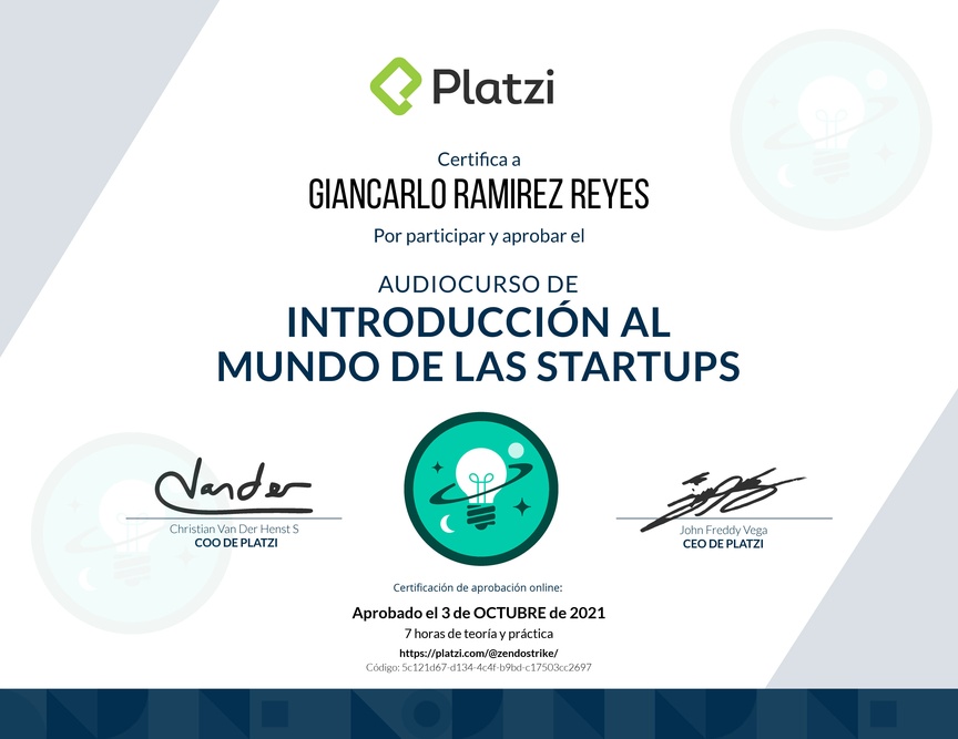 Diploma de Audiocurso de Introducción al Mundo de las Startups