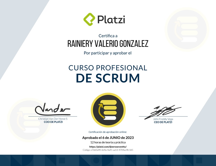 Diploma del Curso Profesional de Scrum